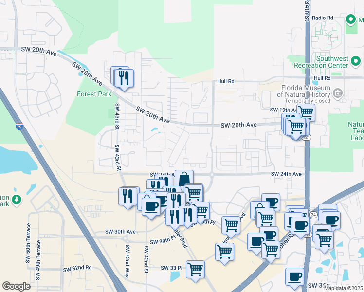 map of restaurants, bars, coffee shops, grocery stores, and more near 2117 Southwest 39 Drive in Gainesville