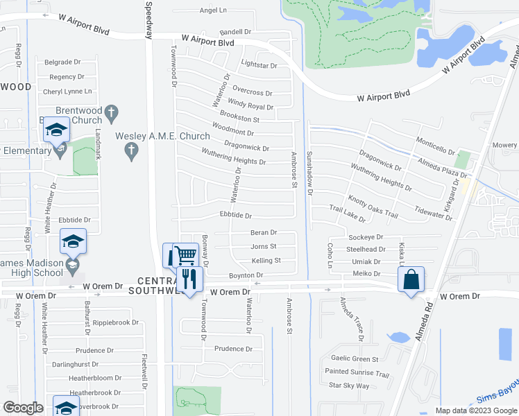 map of restaurants, bars, coffee shops, grocery stores, and more near 3135 Trail Lake Drive in Houston
