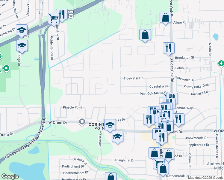 map of restaurants, bars, coffee shops, grocery stores, and more near 13114 Willow Landing Lane in Houston