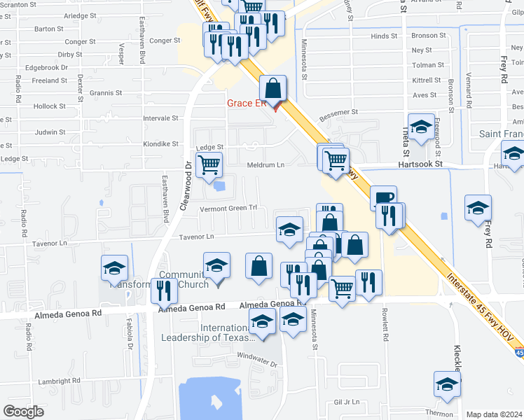 map of restaurants, bars, coffee shops, grocery stores, and more near 9510 Juniper Place Court in Houston