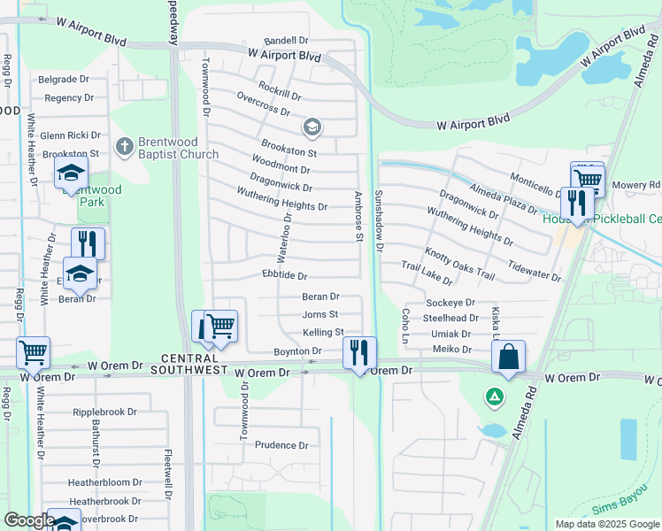 map of restaurants, bars, coffee shops, grocery stores, and more near 3135 Trail Lake Lane in Houston