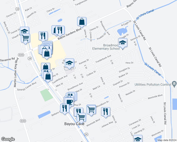 map of restaurants, bars, coffee shops, grocery stores, and more near 601 E Street in Houma