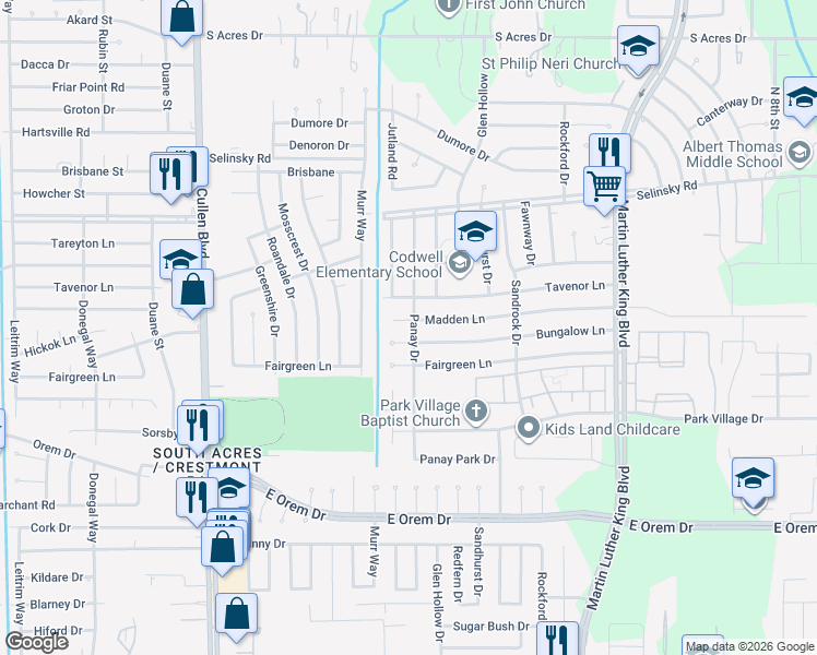 map of restaurants, bars, coffee shops, grocery stores, and more near 5122 Madden Lane in Houston