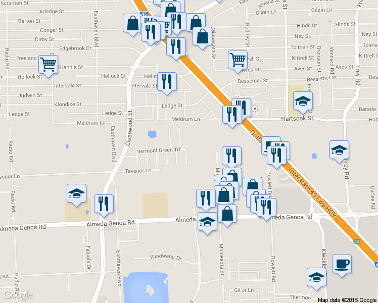map of restaurants, bars, coffee shops, grocery stores, and more near 9511 Juniper Place Court in Houston