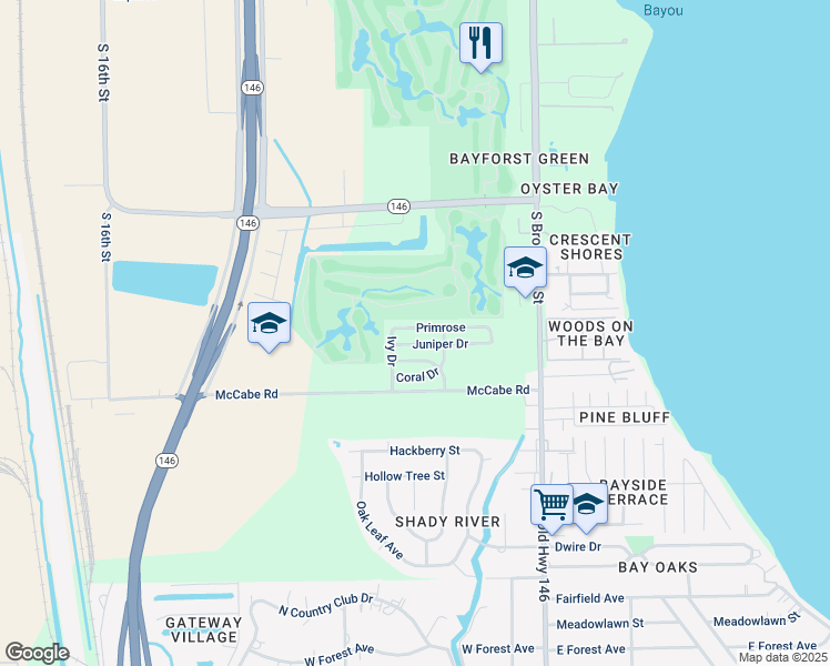 map of restaurants, bars, coffee shops, grocery stores, and more near 619 Primrose in La Porte