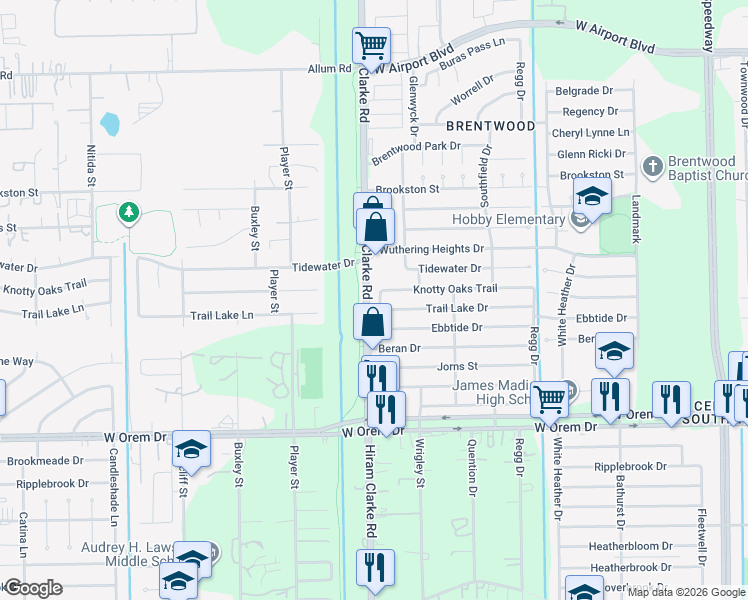 map of restaurants, bars, coffee shops, grocery stores, and more near 13410 Melcher Drive in Houston