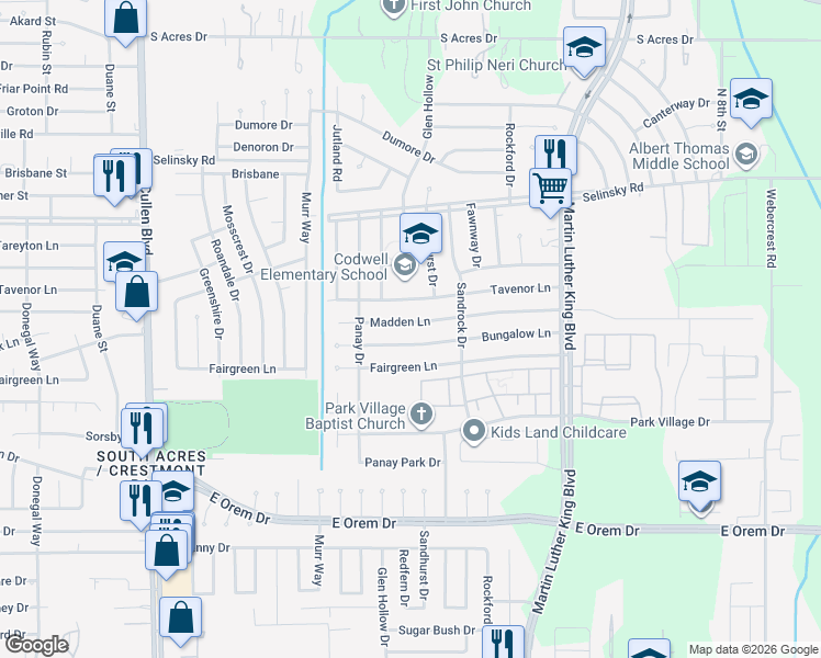 map of restaurants, bars, coffee shops, grocery stores, and more near 5210 Madden Lane in Houston