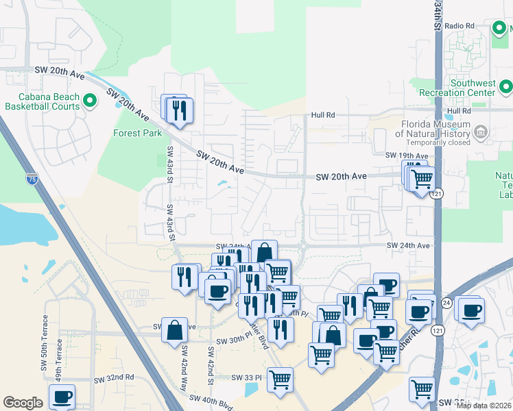 map of restaurants, bars, coffee shops, grocery stores, and more near 4005 Southwest 21st Lane in Gainesville