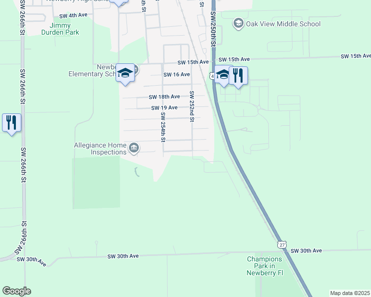 map of restaurants, bars, coffee shops, grocery stores, and more near 25274 Southwest 22nd Avenue in Newberry