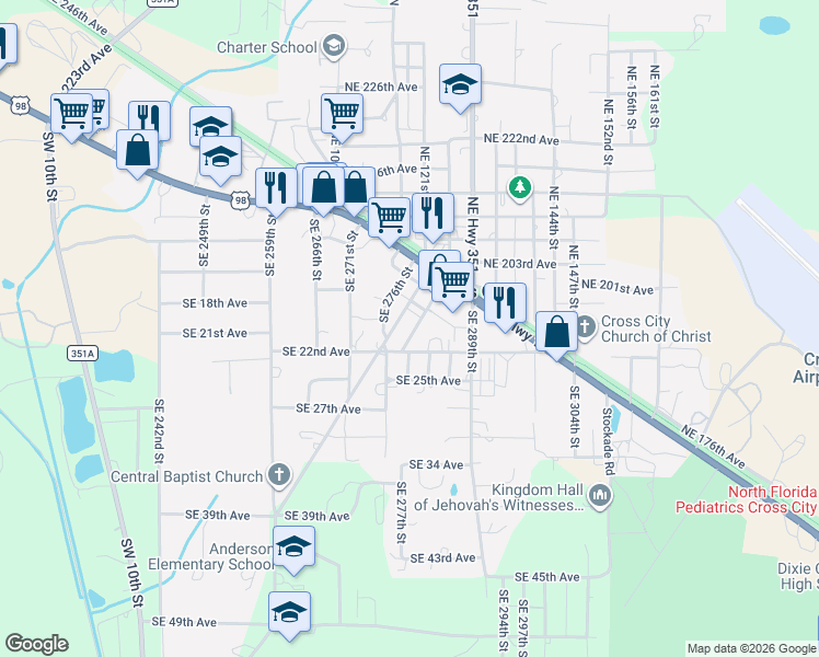 map of restaurants, bars, coffee shops, grocery stores, and more near 138 South East 278 Street in Cross City