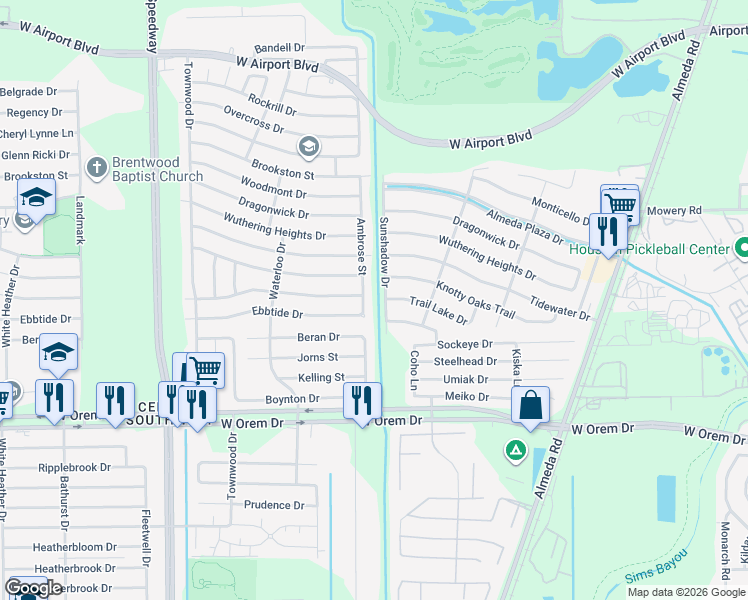 map of restaurants, bars, coffee shops, grocery stores, and more near 13427 Ambrose Street in Houston