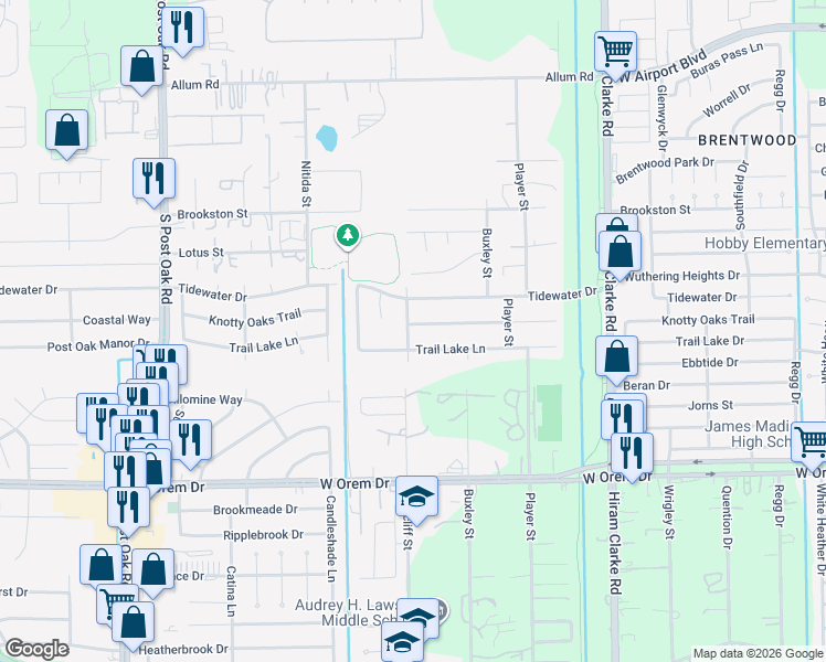 map of restaurants, bars, coffee shops, grocery stores, and more near 4847 Knotty Oaks Trail in Houston
