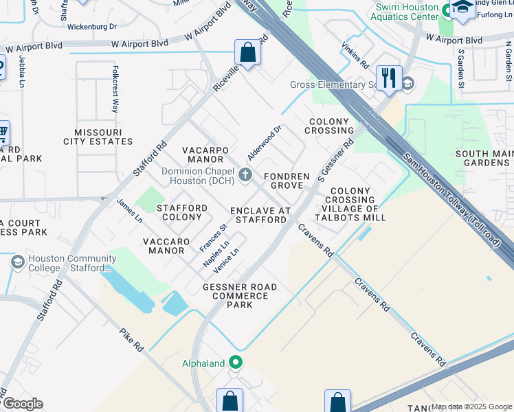 map of restaurants, bars, coffee shops, grocery stores, and more near 12746 Antonia St in Stafford