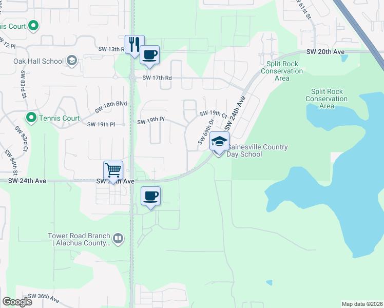 map of restaurants, bars, coffee shops, grocery stores, and more near 7011 Southwest 21st Lane in Gainesville