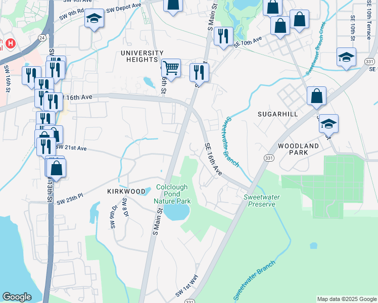 map of restaurants, bars, coffee shops, grocery stores, and more near 83 Southeast 16th Avenue in Gainesville