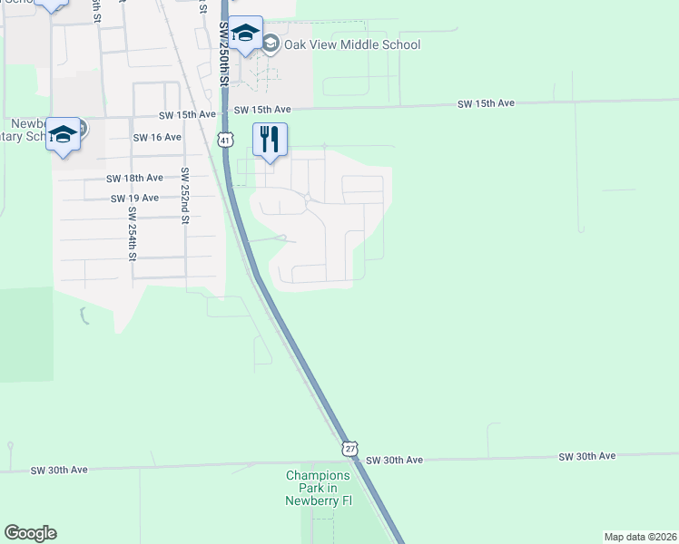 map of restaurants, bars, coffee shops, grocery stores, and more near 2165 Southwest 245th Terrace in Newberry