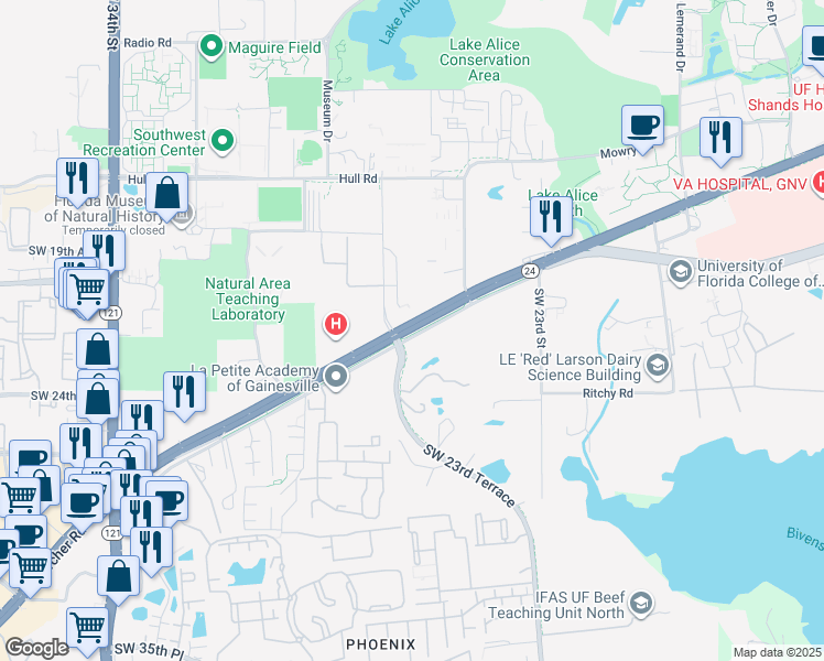 map of restaurants, bars, coffee shops, grocery stores, and more near 2811 Southwest Archer Road in Gainesville