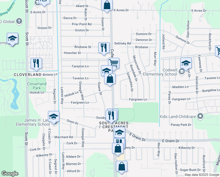 map of restaurants, bars, coffee shops, grocery stores, and more near 11720 Cullen Boulevard in Houston
