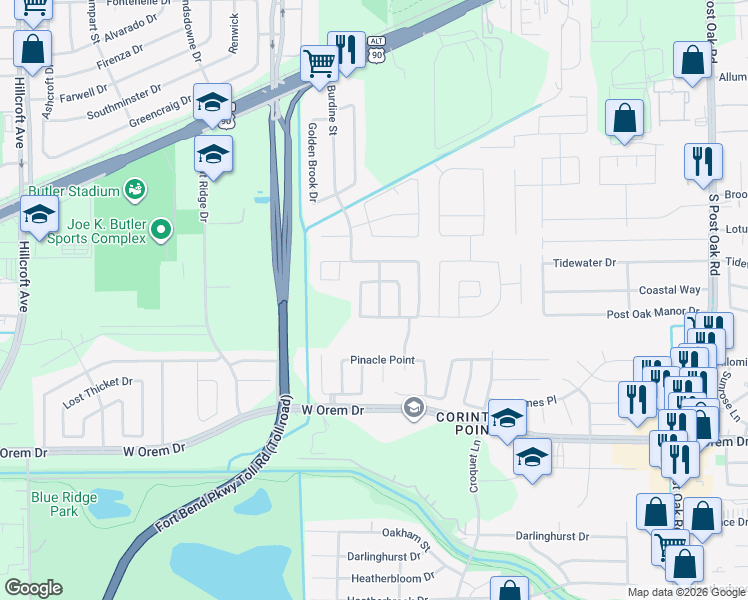 map of restaurants, bars, coffee shops, grocery stores, and more near 13118 Followfield Lane in Houston