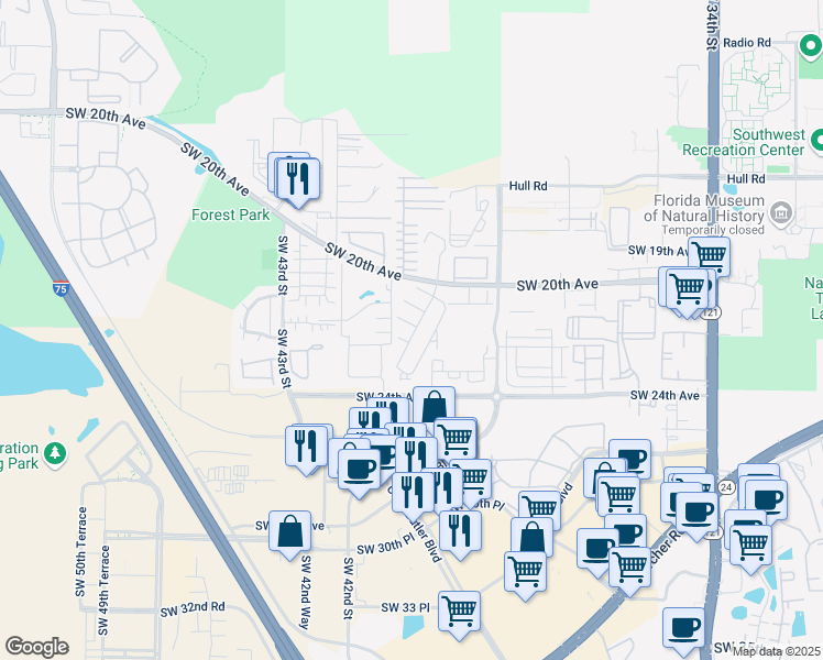 map of restaurants, bars, coffee shops, grocery stores, and more near 4005 Southwest 21st Lane in Gainesville