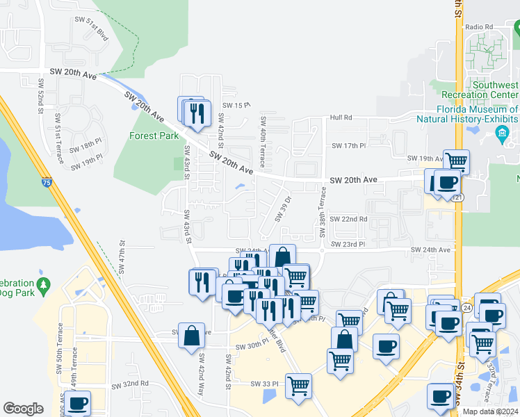 map of restaurants, bars, coffee shops, grocery stores, and more near 4005 Southwest 21st Lane in Gainesville