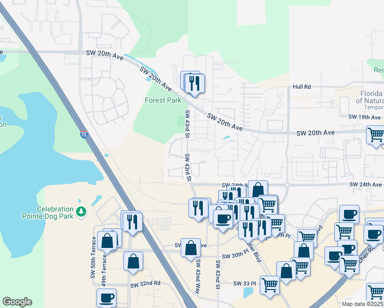 map of restaurants, bars, coffee shops, grocery stores, and more near 4404 Southwest 43rd Street in Gainesville