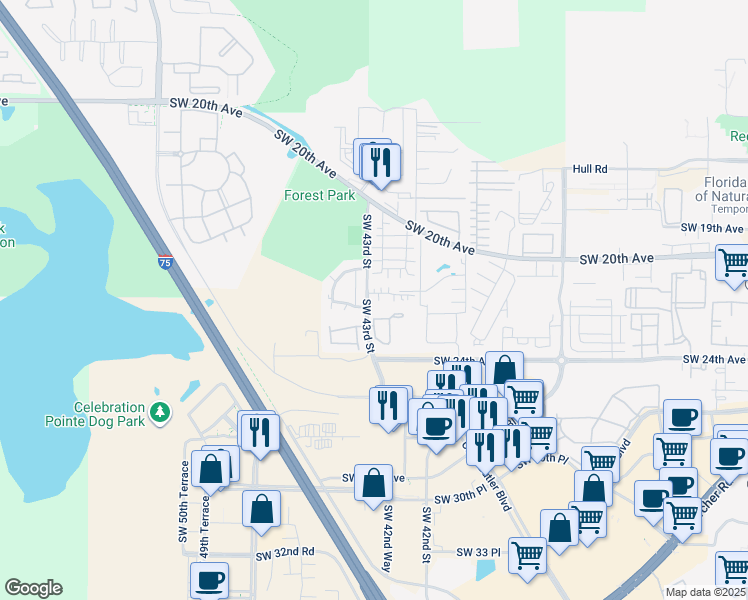 map of restaurants, bars, coffee shops, grocery stores, and more near 4404 Southwest 43rd Street in Gainesville