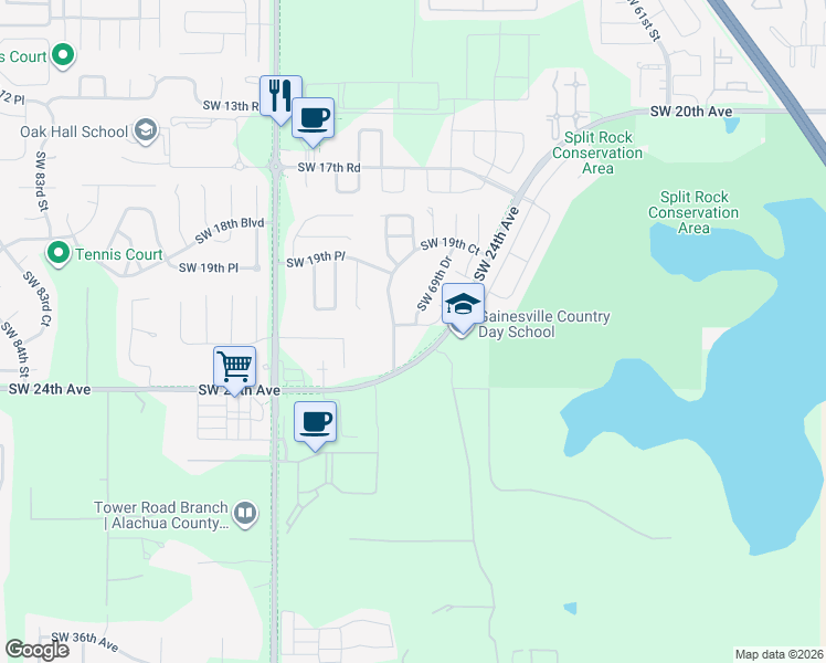 map of restaurants, bars, coffee shops, grocery stores, and more near 7011 Southwest 21st Lane in Gainesville
