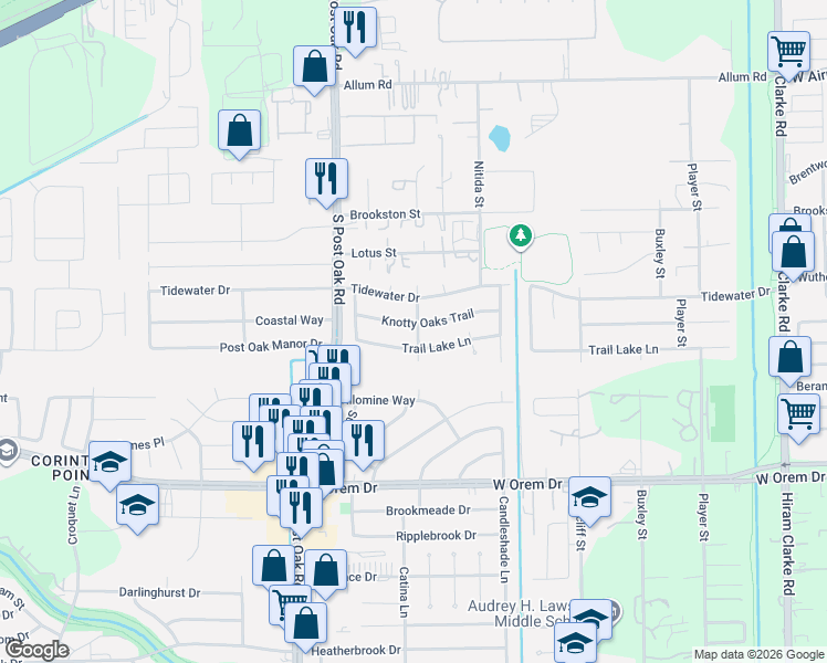 map of restaurants, bars, coffee shops, grocery stores, and more near 5223 Knotty Oaks Trail in Houston