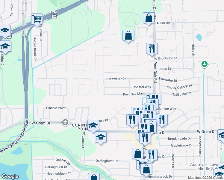 map of restaurants, bars, coffee shops, grocery stores, and more near 5731 Coastal Way in Houston