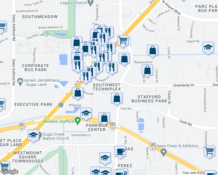 map of restaurants, bars, coffee shops, grocery stores, and more near 12840 South Kirkwood Road in Stafford