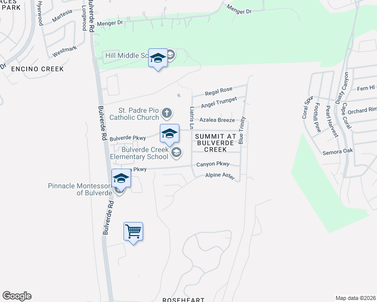 map of restaurants, bars, coffee shops, grocery stores, and more near 20503 Liatris Lane in San Antonio