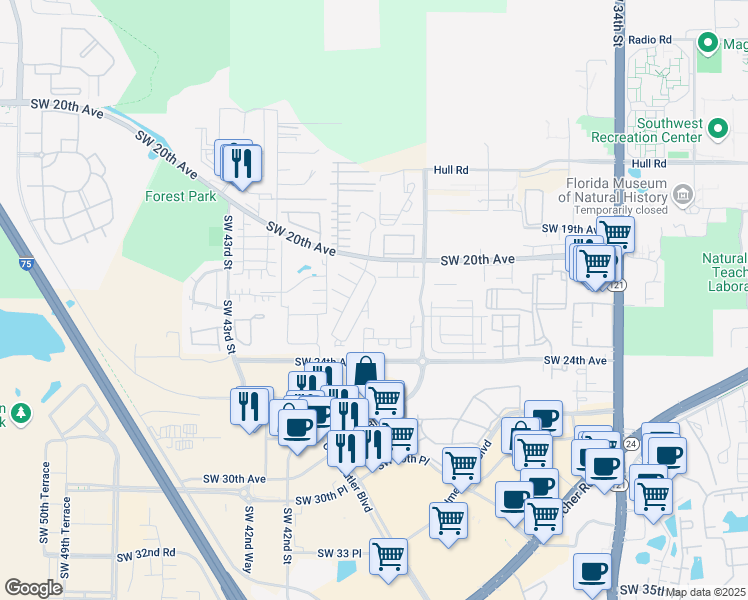 map of restaurants, bars, coffee shops, grocery stores, and more near 2117 Southwest 39 Drive in Gainesville