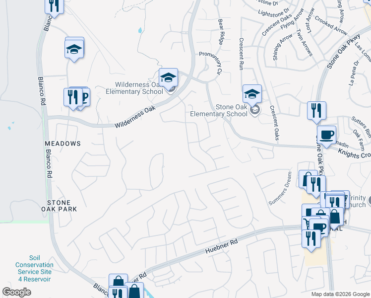 map of restaurants, bars, coffee shops, grocery stores, and more near 20523 Cliff Park Lane in San Antonio