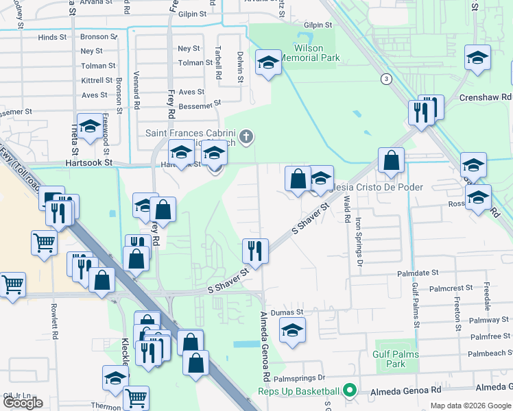 map of restaurants, bars, coffee shops, grocery stores, and more near 10715 Lauren Veronica Dr in Houston