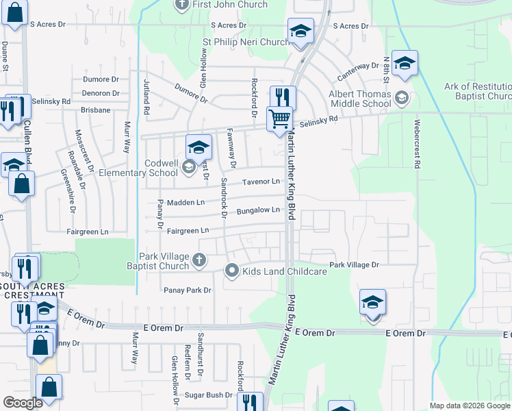 map of restaurants, bars, coffee shops, grocery stores, and more near 5339 Bungalow Lane in Houston