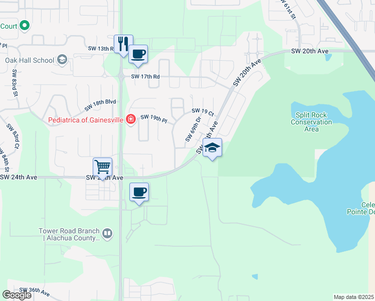 map of restaurants, bars, coffee shops, grocery stores, and more near 6935 Southwest 21st Lane in Gainesville