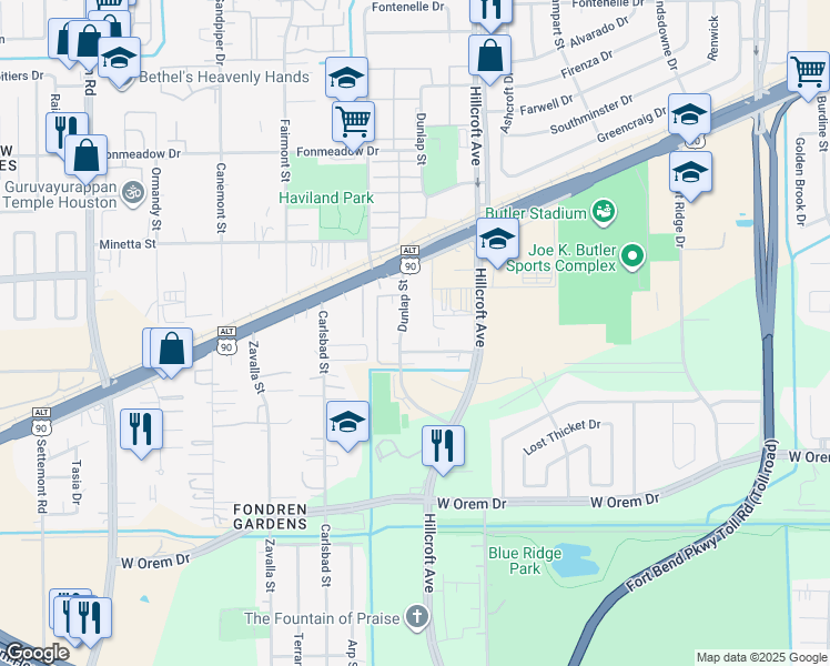 map of restaurants, bars, coffee shops, grocery stores, and more near 12865 Dunlap Street in Houston