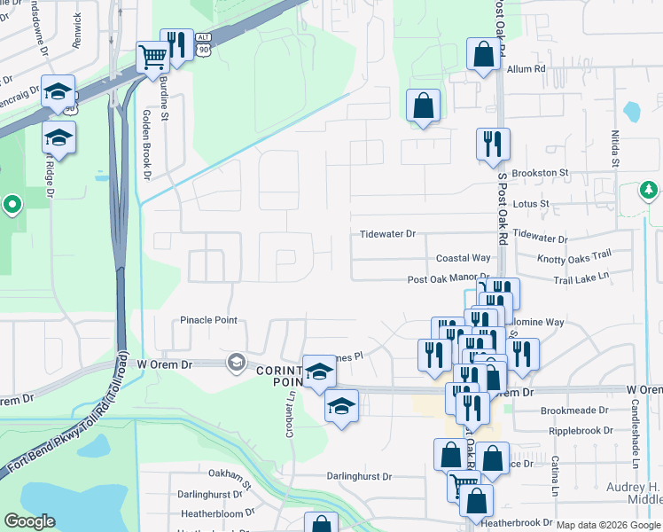 map of restaurants, bars, coffee shops, grocery stores, and more near 13114 Willow Landing Ln in Houston