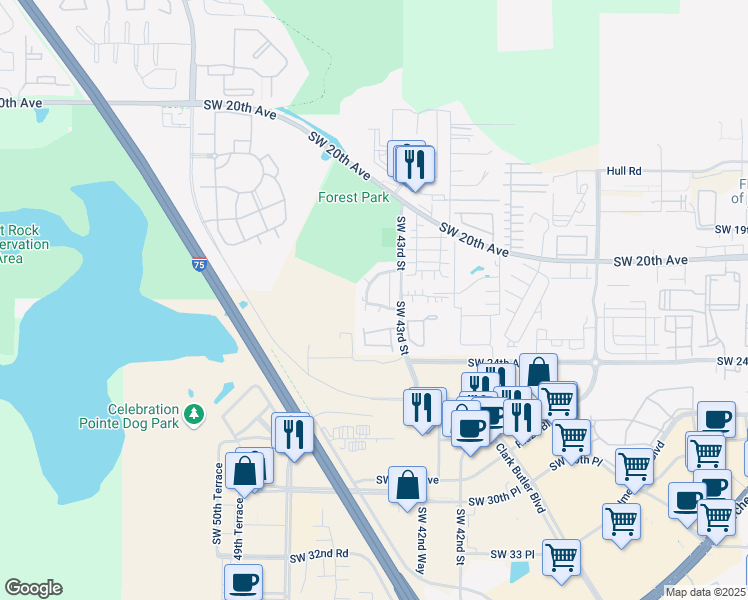 map of restaurants, bars, coffee shops, grocery stores, and more near 4402 Southwest 21st Lane in Gainesville