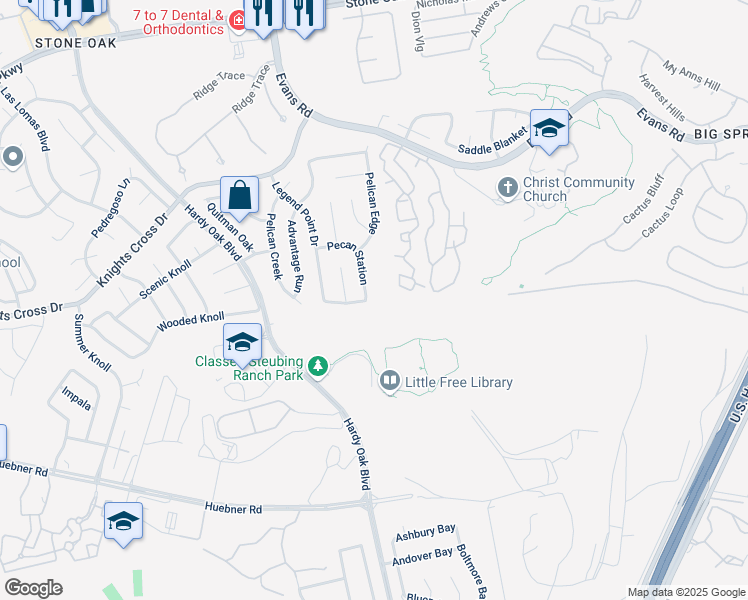 map of restaurants, bars, coffee shops, grocery stores, and more near 1343 Pecan Station in San Antonio