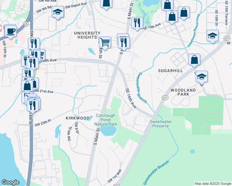 map of restaurants, bars, coffee shops, grocery stores, and more near 83 Southeast 16th Avenue in Gainesville