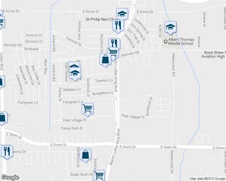 map of restaurants, bars, coffee shops, grocery stores, and more near 5431 Bungalow Lane in Houston