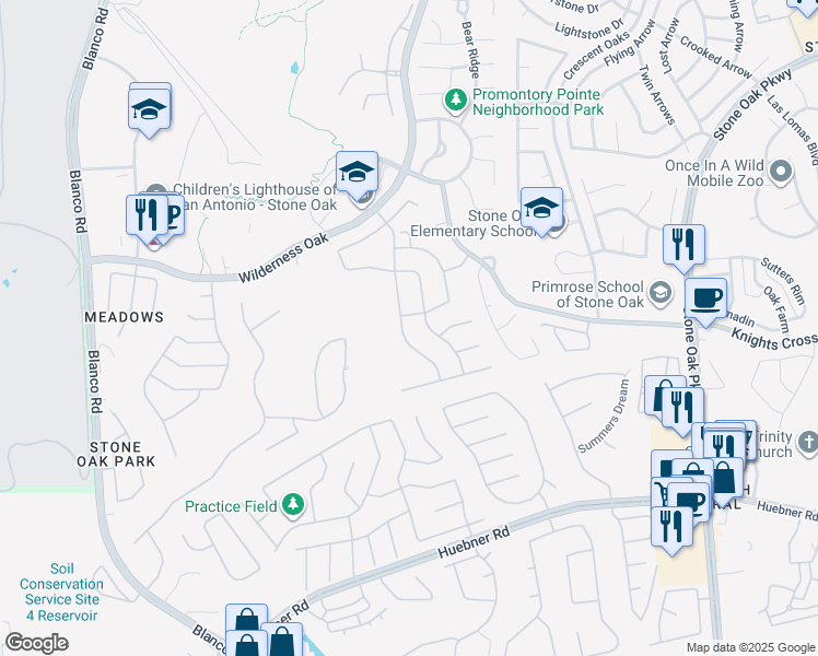 map of restaurants, bars, coffee shops, grocery stores, and more near 20522 Cliff Park Lane in San Antonio