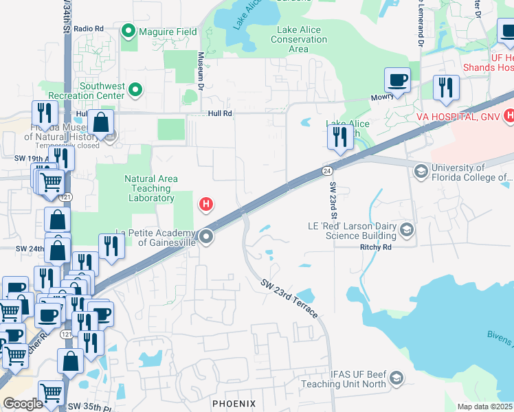 map of restaurants, bars, coffee shops, grocery stores, and more near 2601 Southwest Archer Road in Gainesville