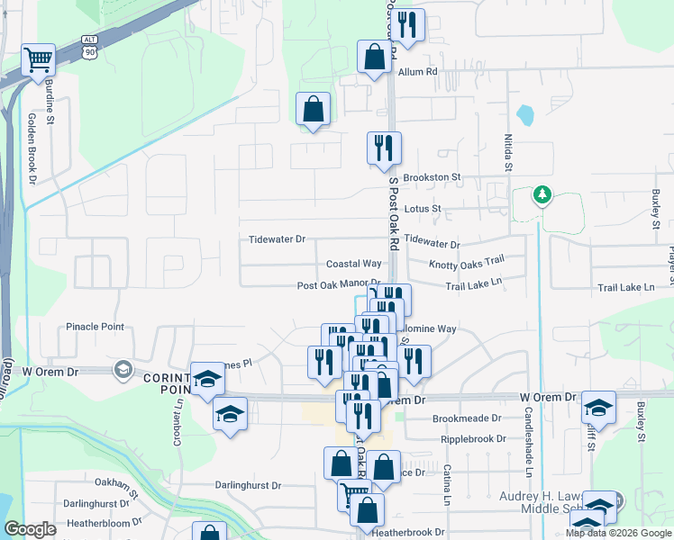 map of restaurants, bars, coffee shops, grocery stores, and more near 5527 Coastal Way in Houston