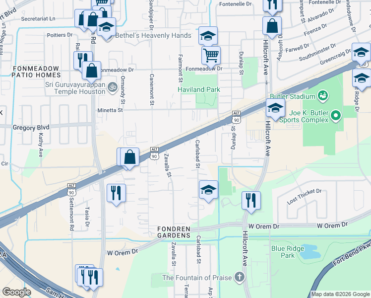 map of restaurants, bars, coffee shops, grocery stores, and more near 14317 South Main Street in Houston