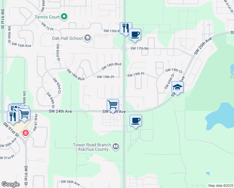 map of restaurants, bars, coffee shops, grocery stores, and more near 2114 Southwest 75th Terrace in Gainesville