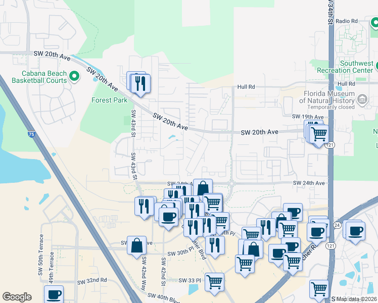 map of restaurants, bars, coffee shops, grocery stores, and more near 4005 Southwest 21st Lane in Gainesville