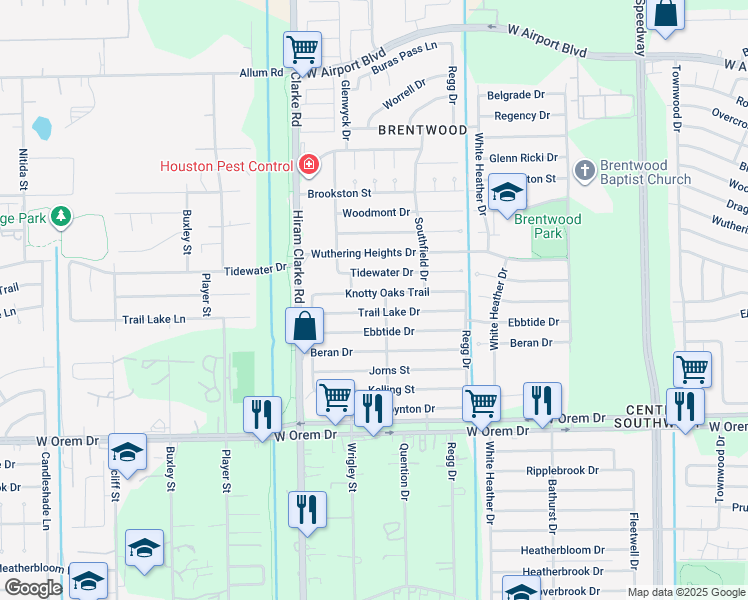 map of restaurants, bars, coffee shops, grocery stores, and more near 4319 Knotty Oaks Trail in Houston